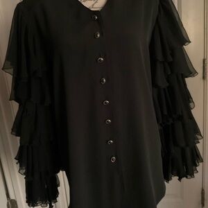 Gorgeous! VINTAGE black blouse, multi layered soft semi sheer bell sleeves